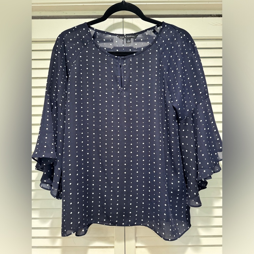 ZAC & RACHEL— Size S, Sheer Navy w/ White Polka Dots, & Flutter Bell Sleeves